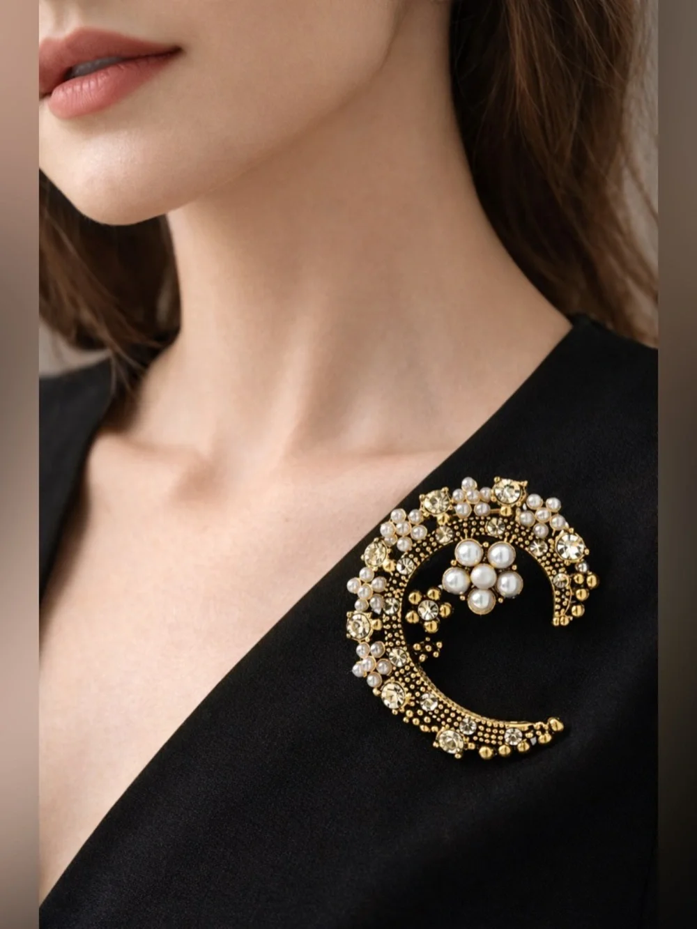 Celestial Crescent Pearl Cluster Gold Brooch